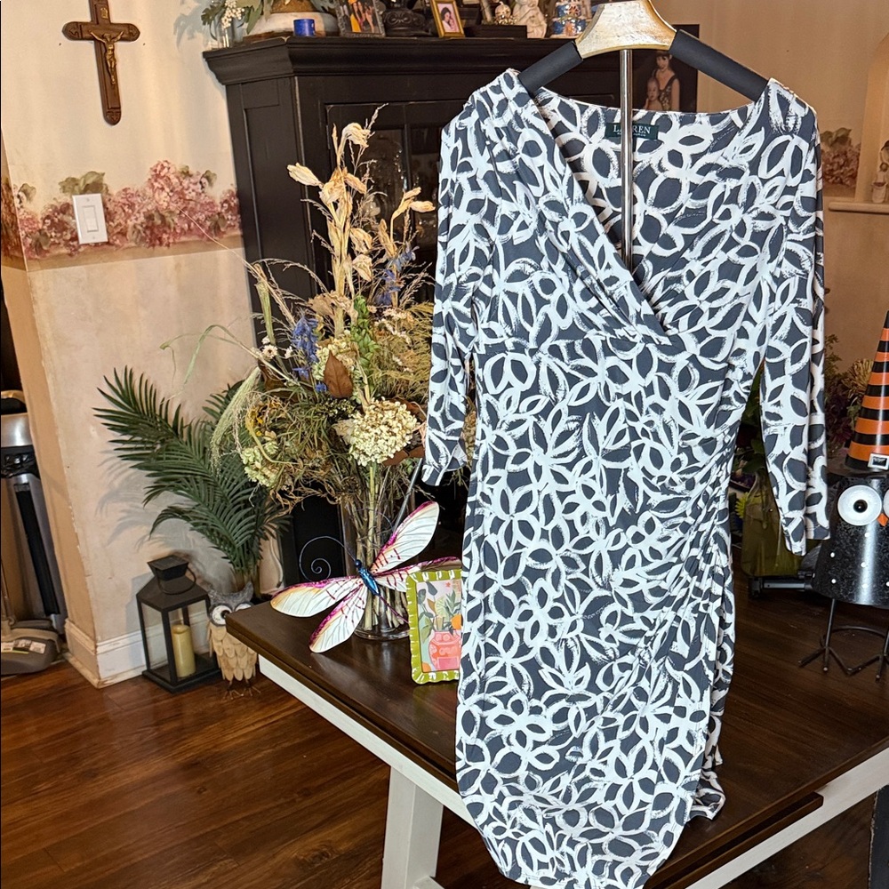 Lauren Ralph Lauren Black and White Patterned Long Sleeve Dress